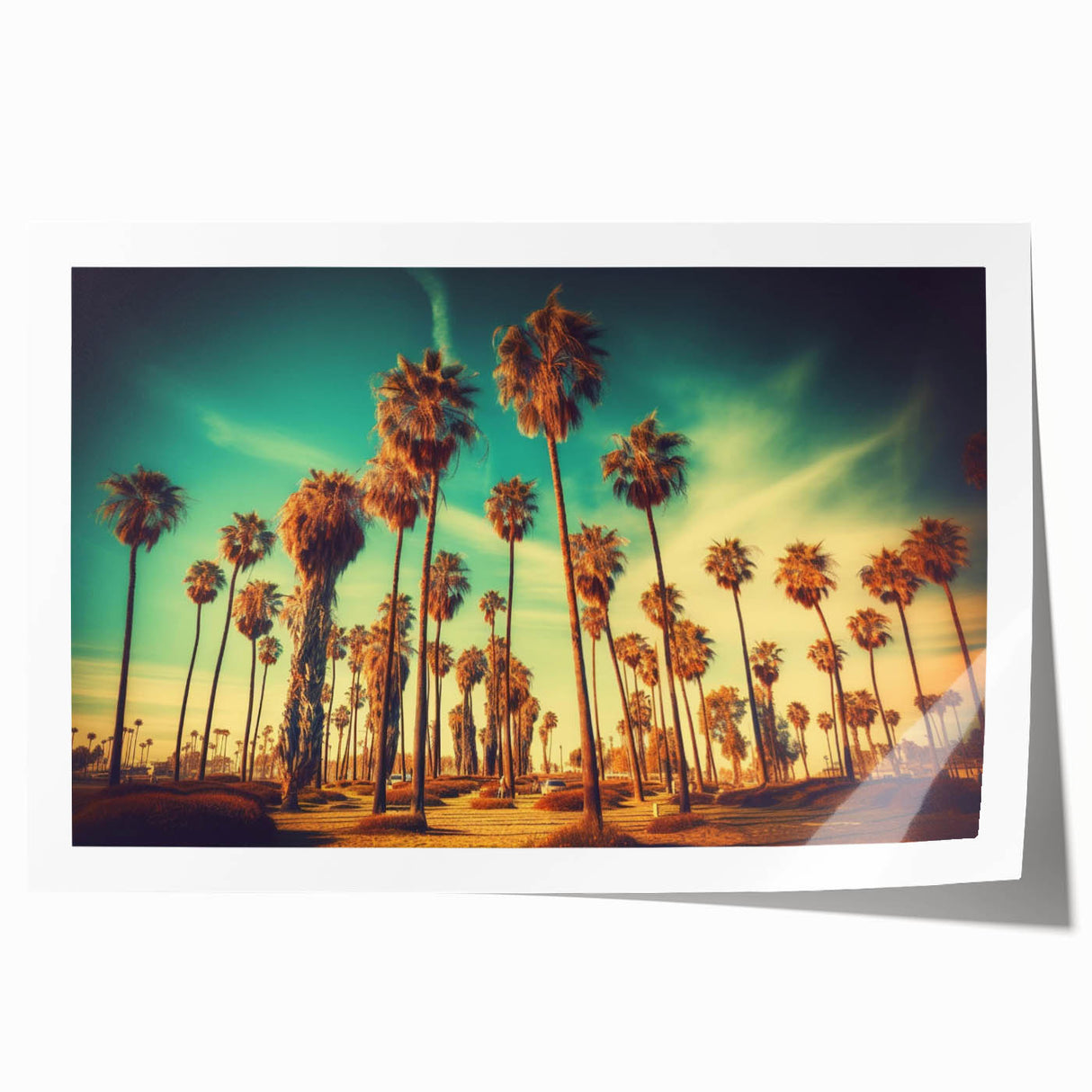 Extra large rolled print of Santa Monica scenery with muted blue and sandy tones, ideal for art wall dining room.