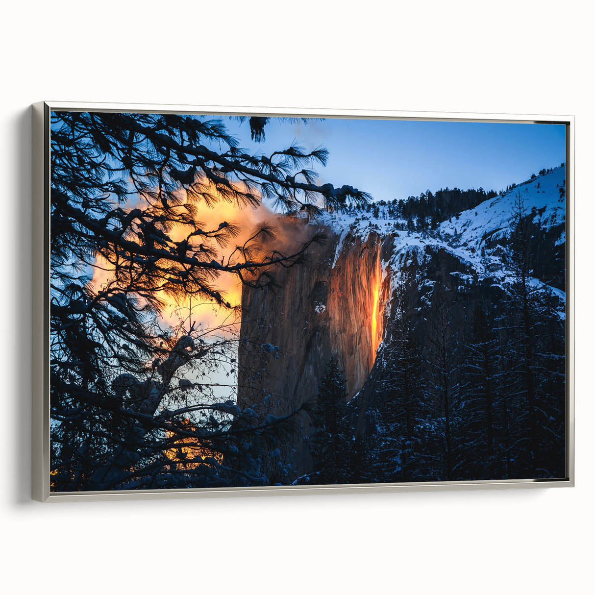 Framed canvas depicting a vintage-style Yosemite landscape with vibrant green and blue tones, ideal for living room decor.