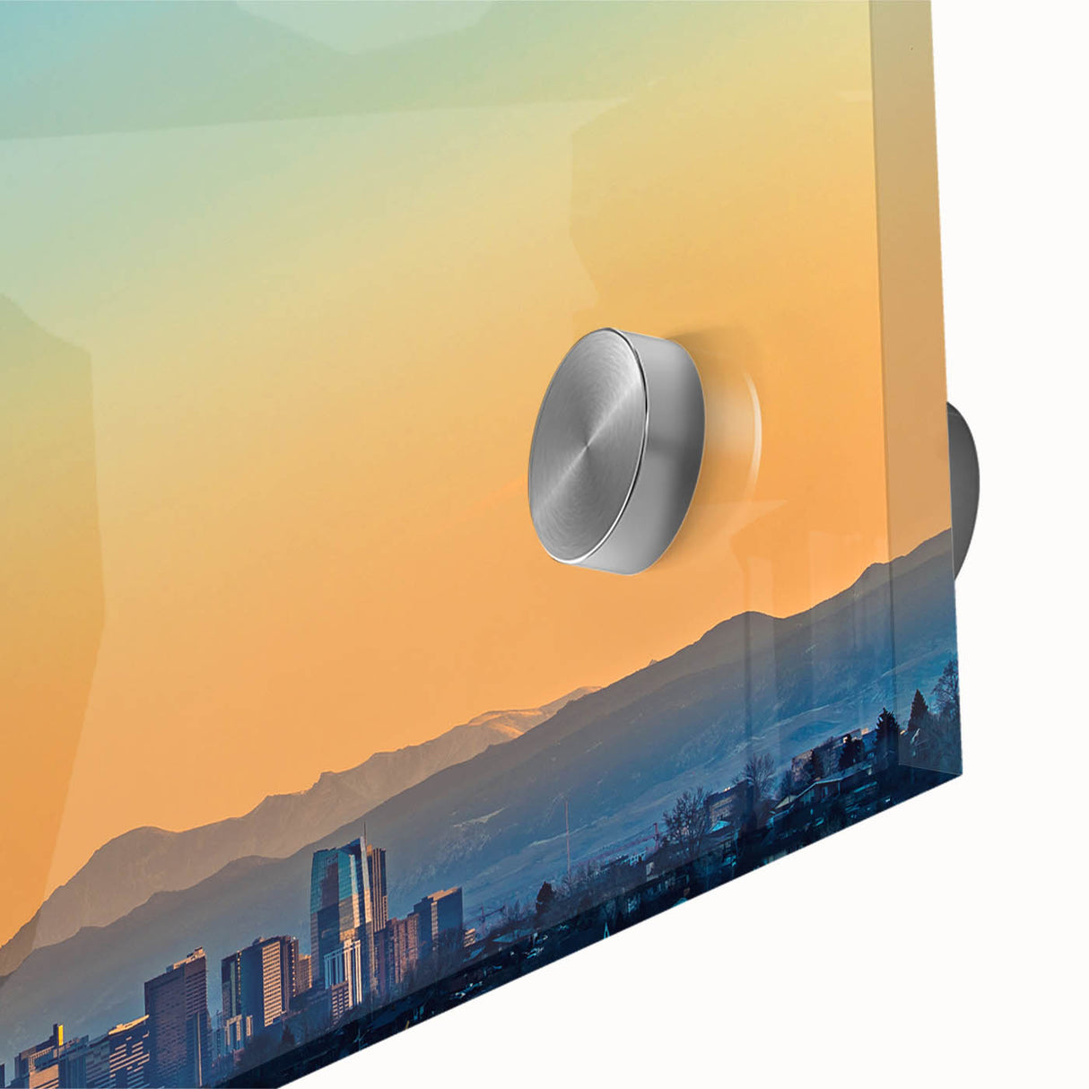 Large abstract depiction of Denver skyline in muted earth tones on acrylic glass, suitable for dining room art.