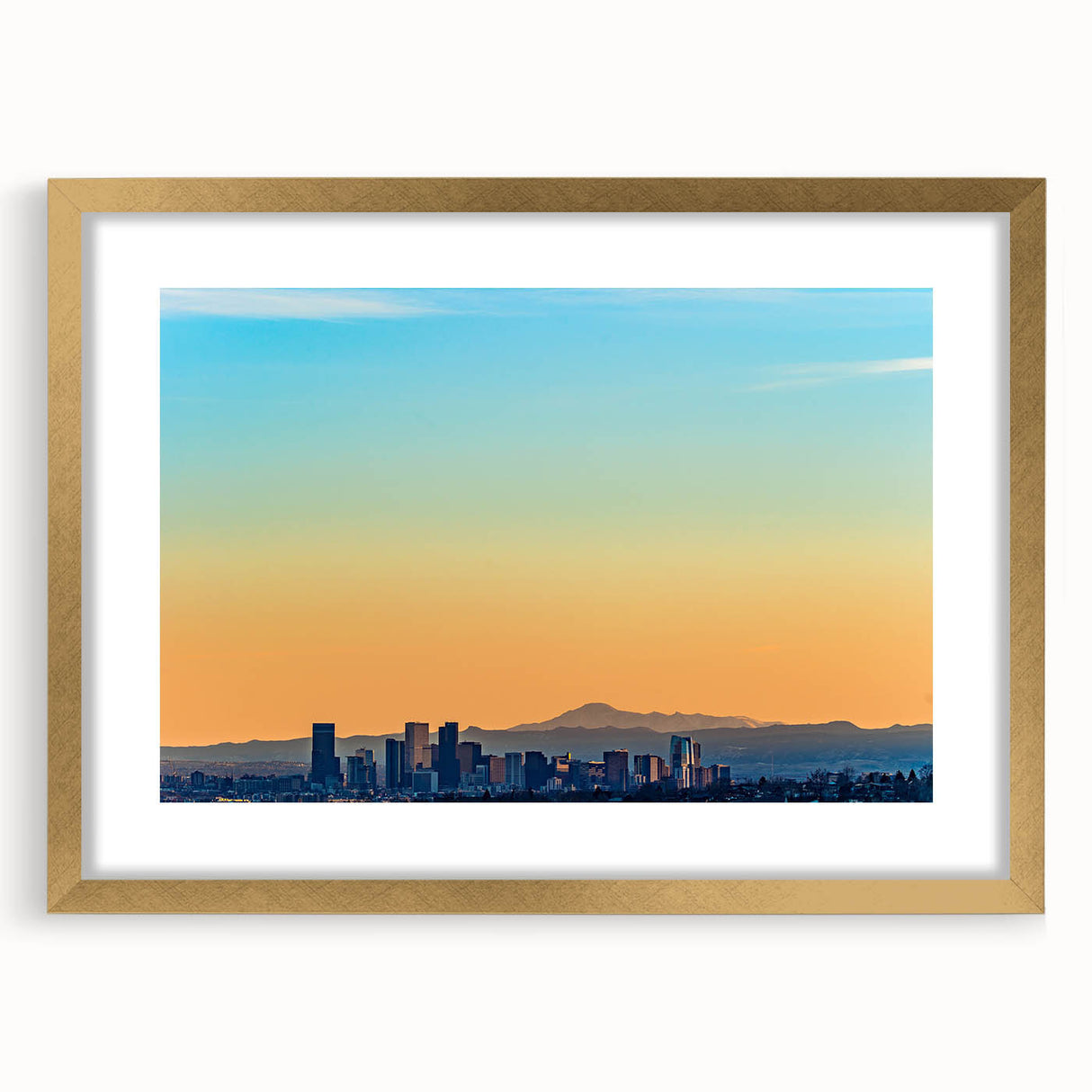Extra large abstract art print of Denver scenery in textured colors on a gold-framed canvas, ideal for living room decor.