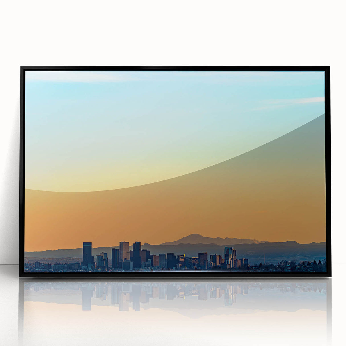 Large abstract wall art of Denver skyline in muted gray and blue tones on framed acrylic.