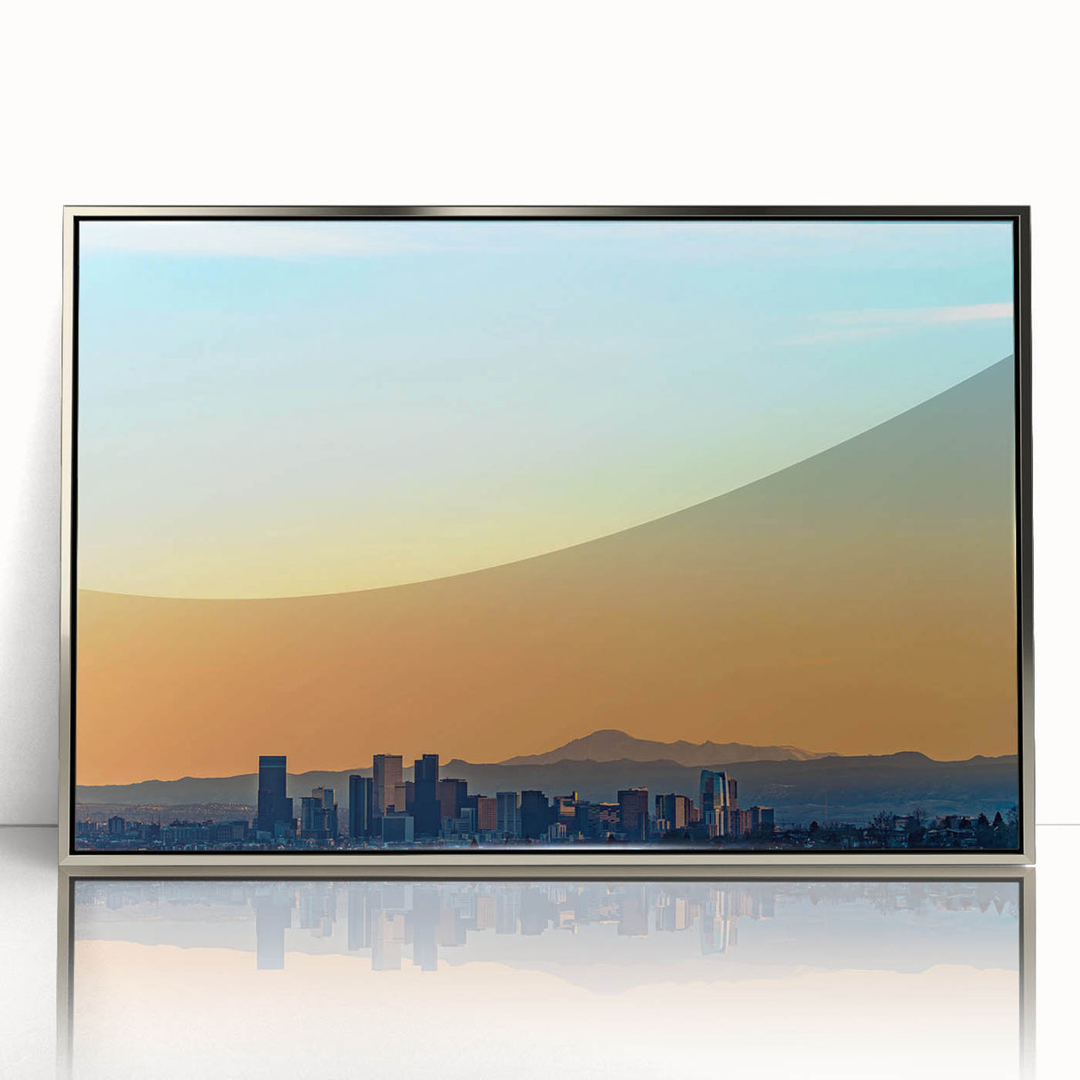Mid-century modernist art depicting Denver skyline in muted blue tones on a framed acrylic, ideal for modern art wall decor.