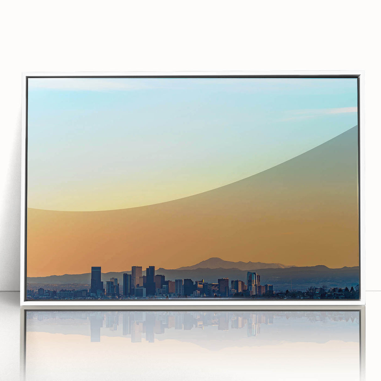 Acrylic print of Denver skyline with muted blue and white tones in art deco style, ideal for modern art wall decor.