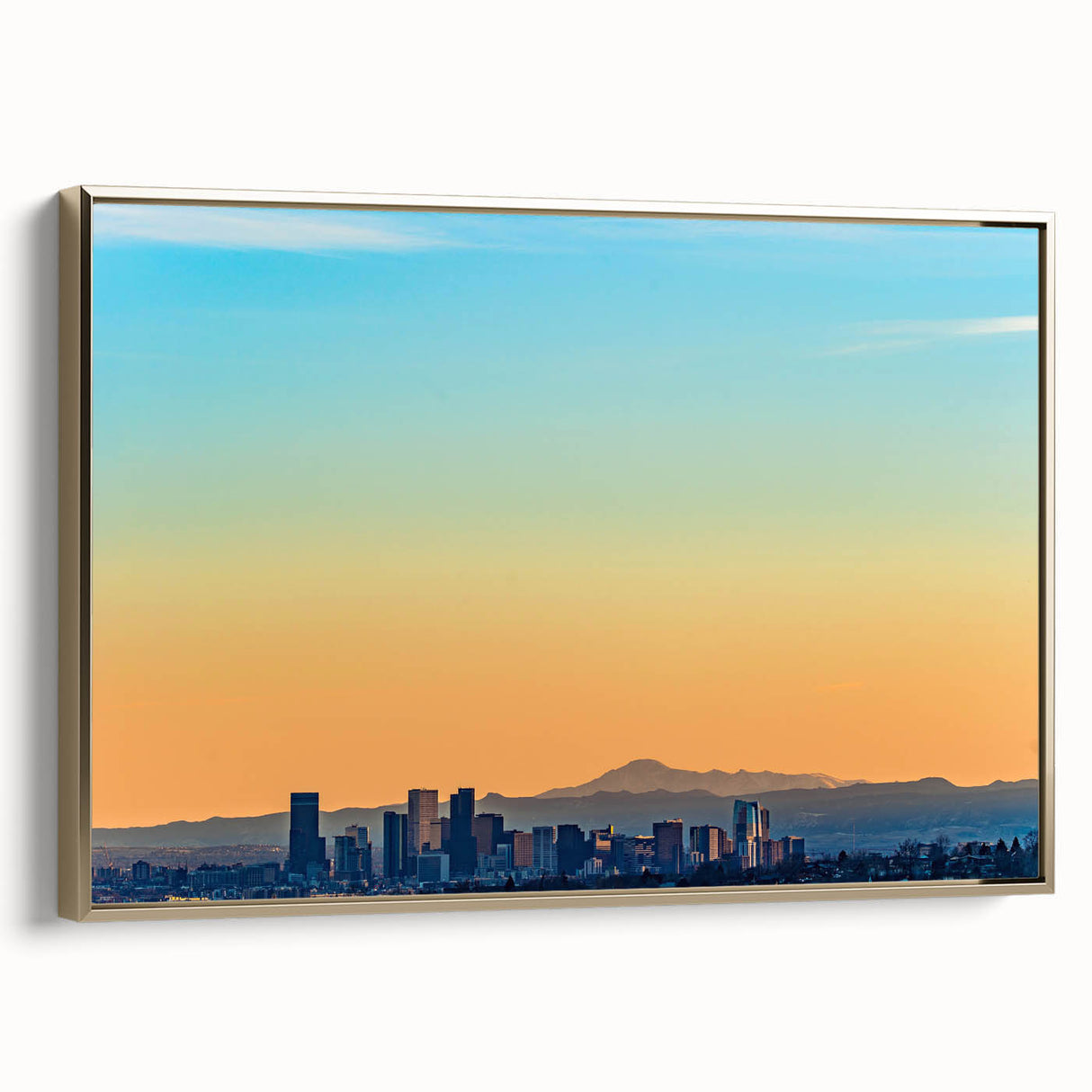 Framed canvas depicting a vintage-style landscape of Denver, Colorado in muted gold and black tones.