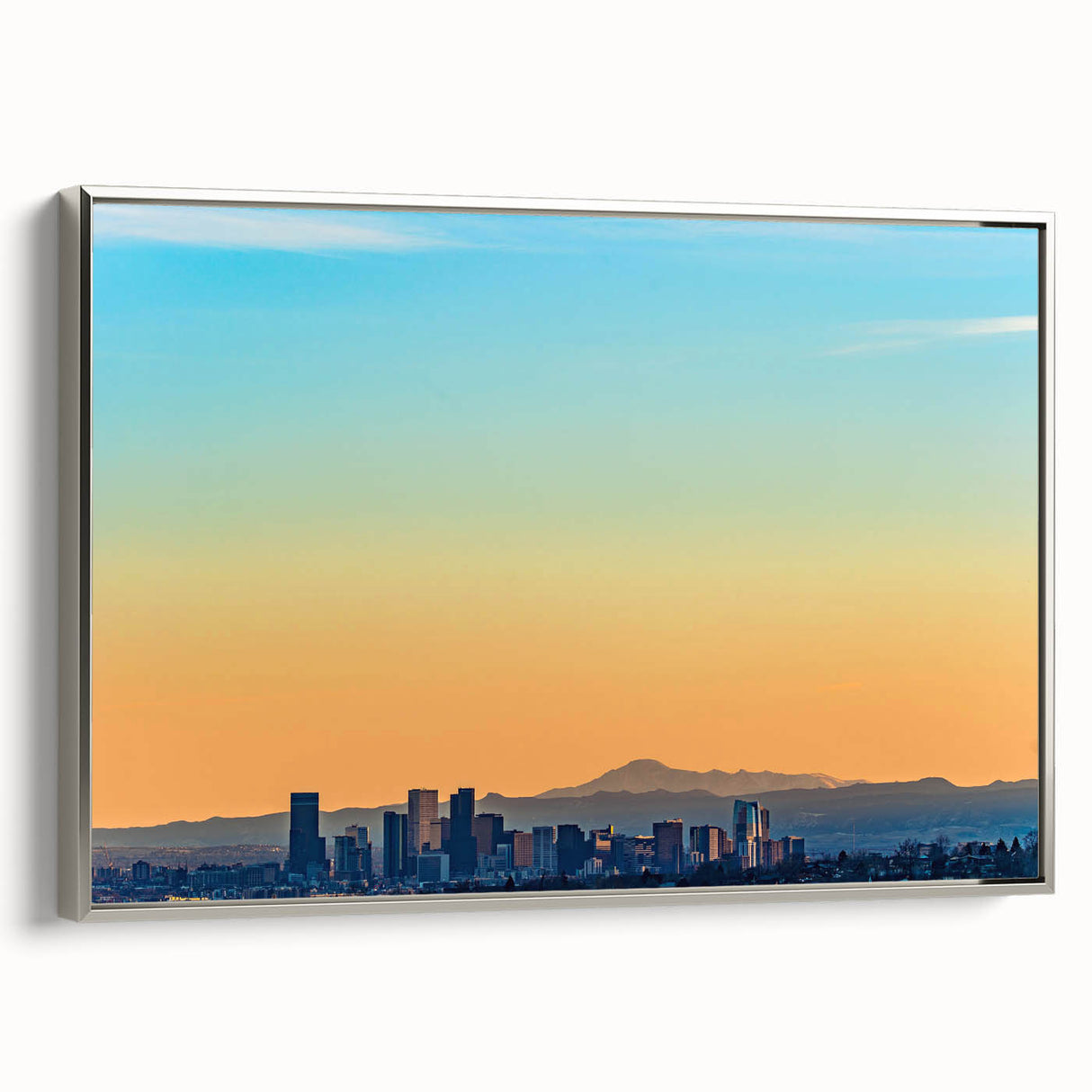 Framed canvas of a vintage Denver landscape painting with a colorful palette, ideal for living room decor.