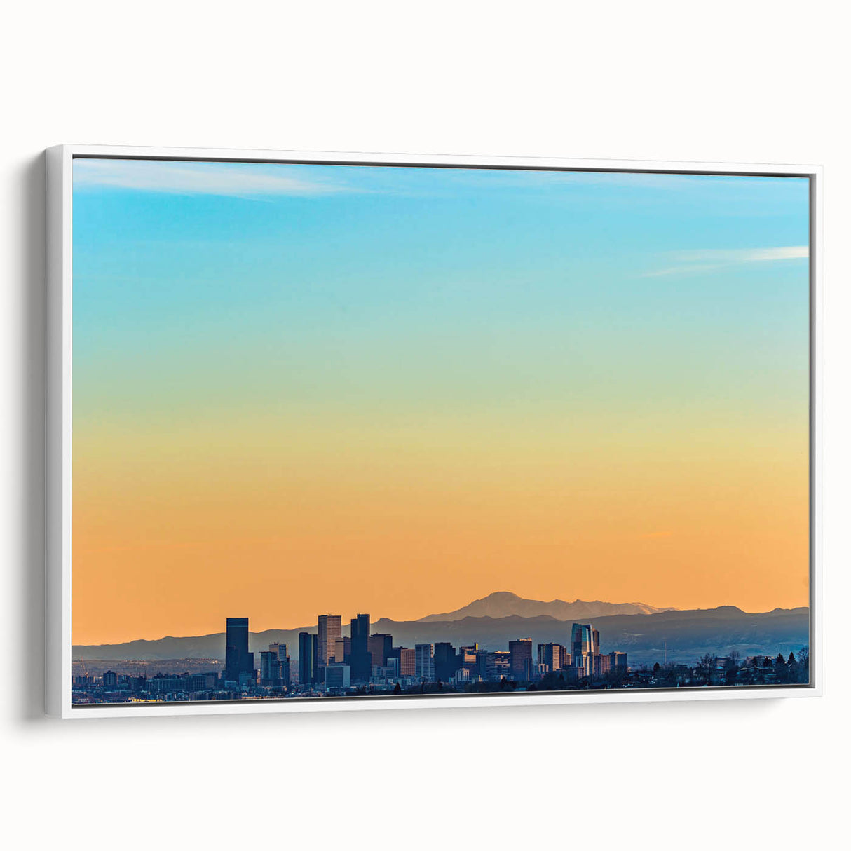 Vintage poster art of Denver skyline in colorful hues on extra large framed canvas, ideal for living room decor.