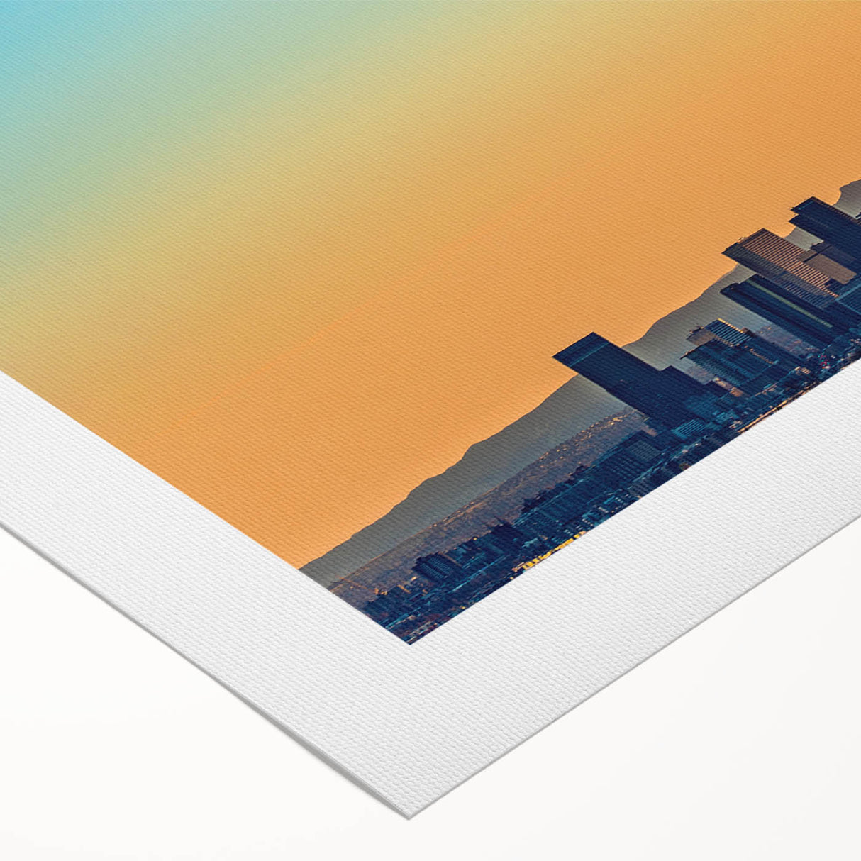 Art deco poster of Denver skyline in muted blue tones on rolled canvas, suitable for dining room wall art.