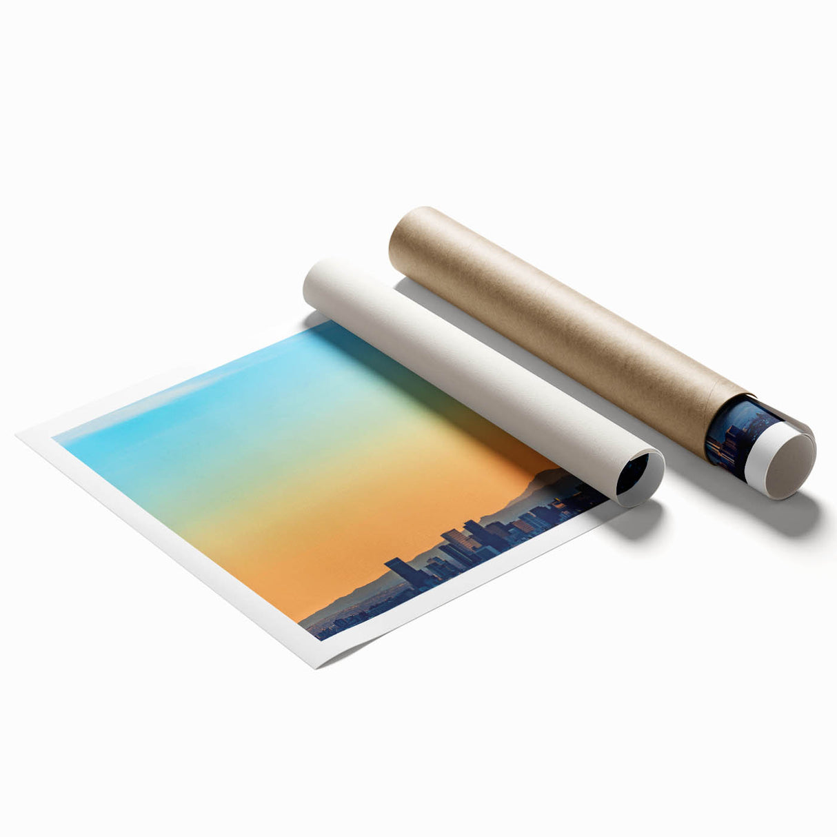 Rolled print of Denver skyline with pastel hues, ideal for classy bathroom wall art.