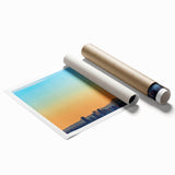 Rolled print of Denver skyline with pastel hues, ideal for classy bathroom wall art.