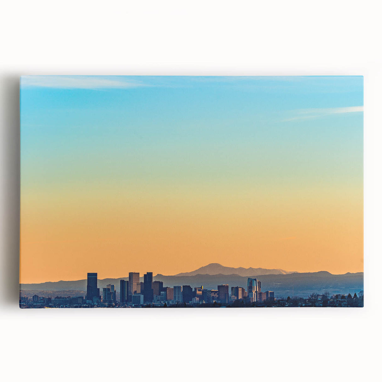 Black and white photograph of Denver skyline on stretched canvas, suitable for kitchen wall art.