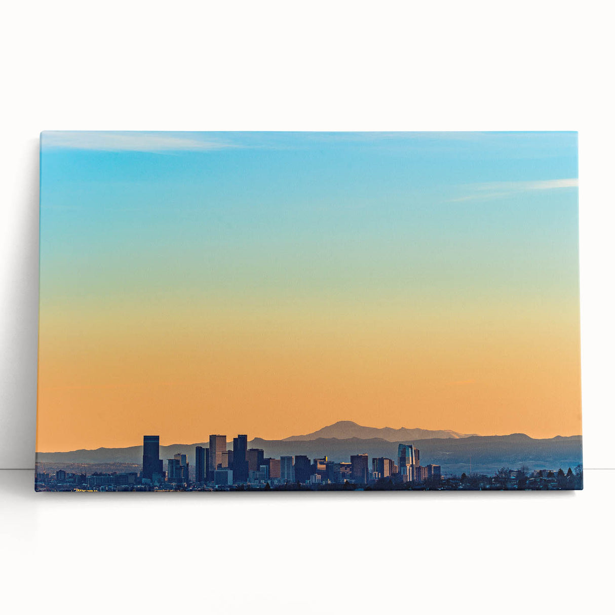 Black and white stretched canvas depicting Denver skyline, ideal for kitchen wall art or bedroom ambiance.