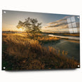 Large abstract wall art featuring a Connecticut scenery in muted blues and greens on acrylic glass.