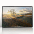 Large abstract wall art featuring a Connecticut scenery in muted green and blue tones, framed in black acrylic.