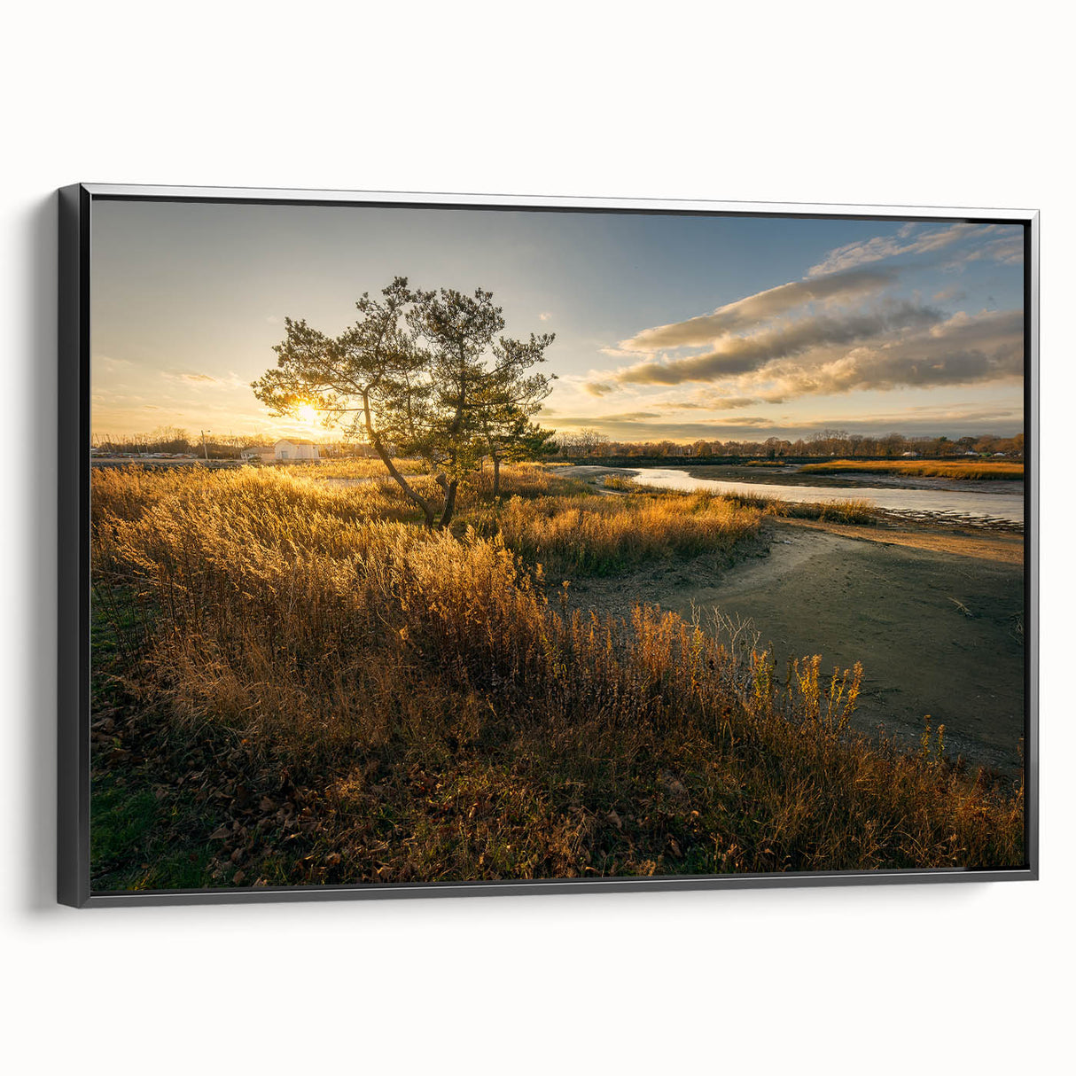 Black and white landscape art painting of Connecticut scenery on framed canvas, suitable for bedroom wall art.