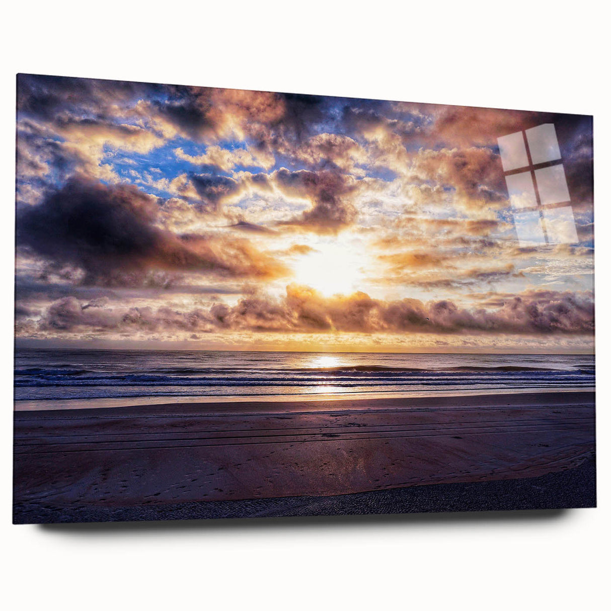 Large abstract wall art of Daytona scenery in muted blue and gray tones on acrylic glass.