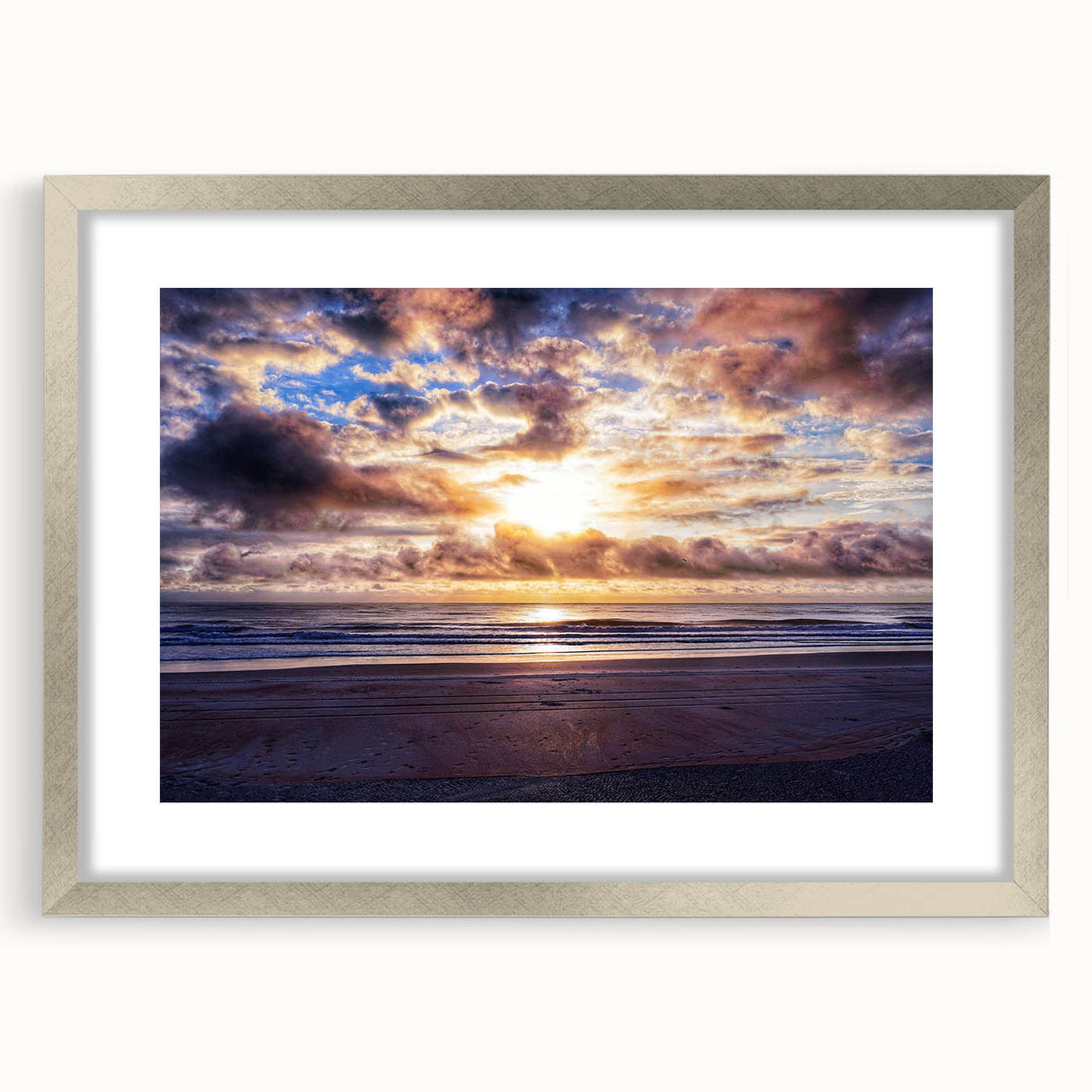 Textured art depicting abstract Daytona scenery in muted earth tones on a framed silver mat, suitable for bedroom decor.