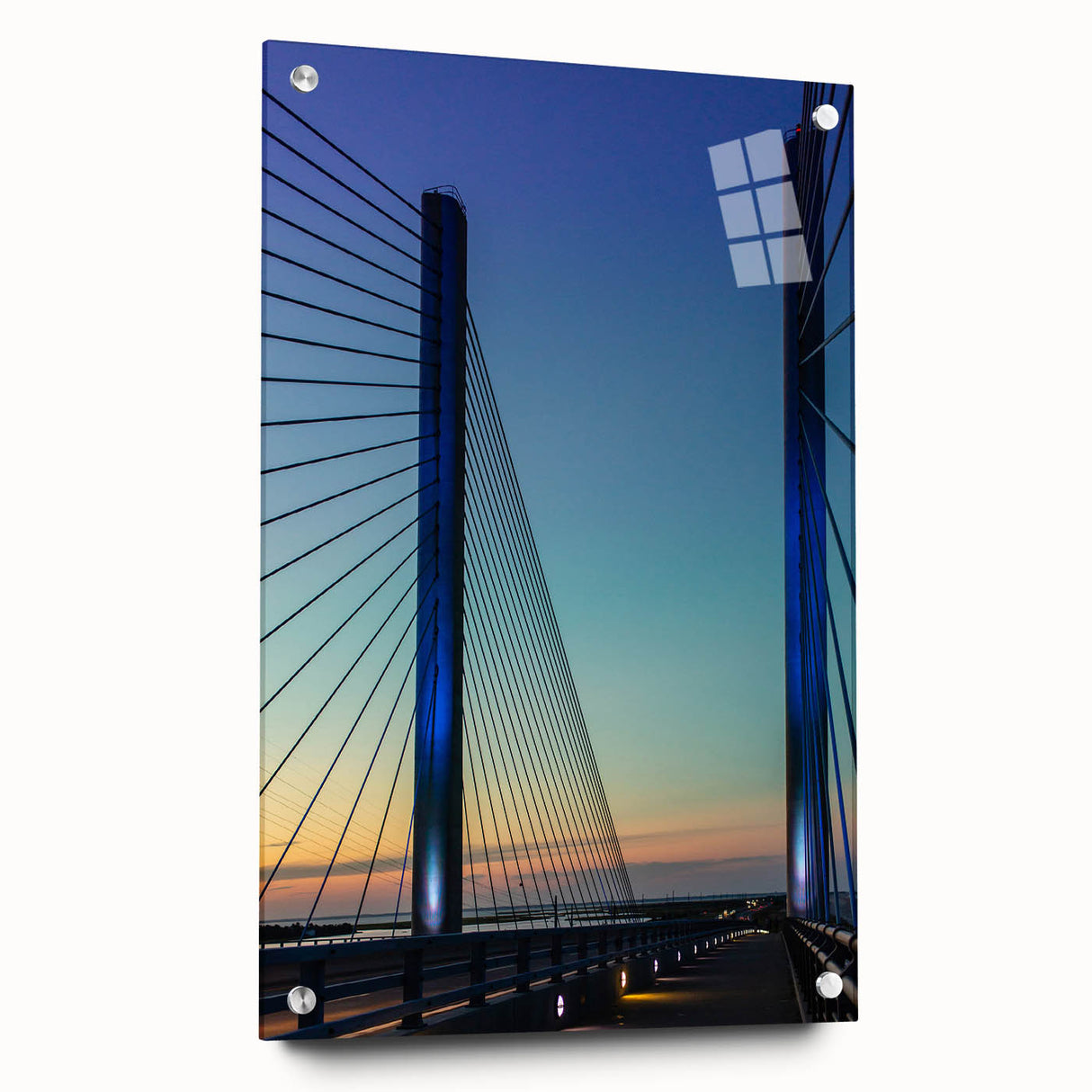 Large abstract wall art depicting Delaware scenery in muted blue and green tones on acrylic glass.