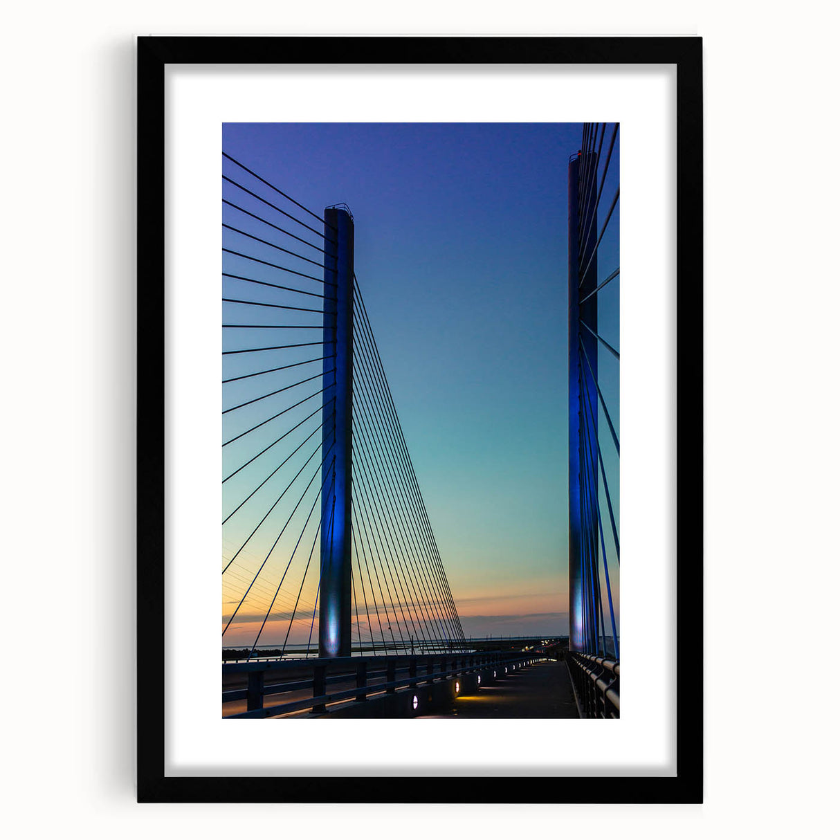 Extra large abstract art print featuring colorful, textured scenery of Delaware, in a black frame with mat.