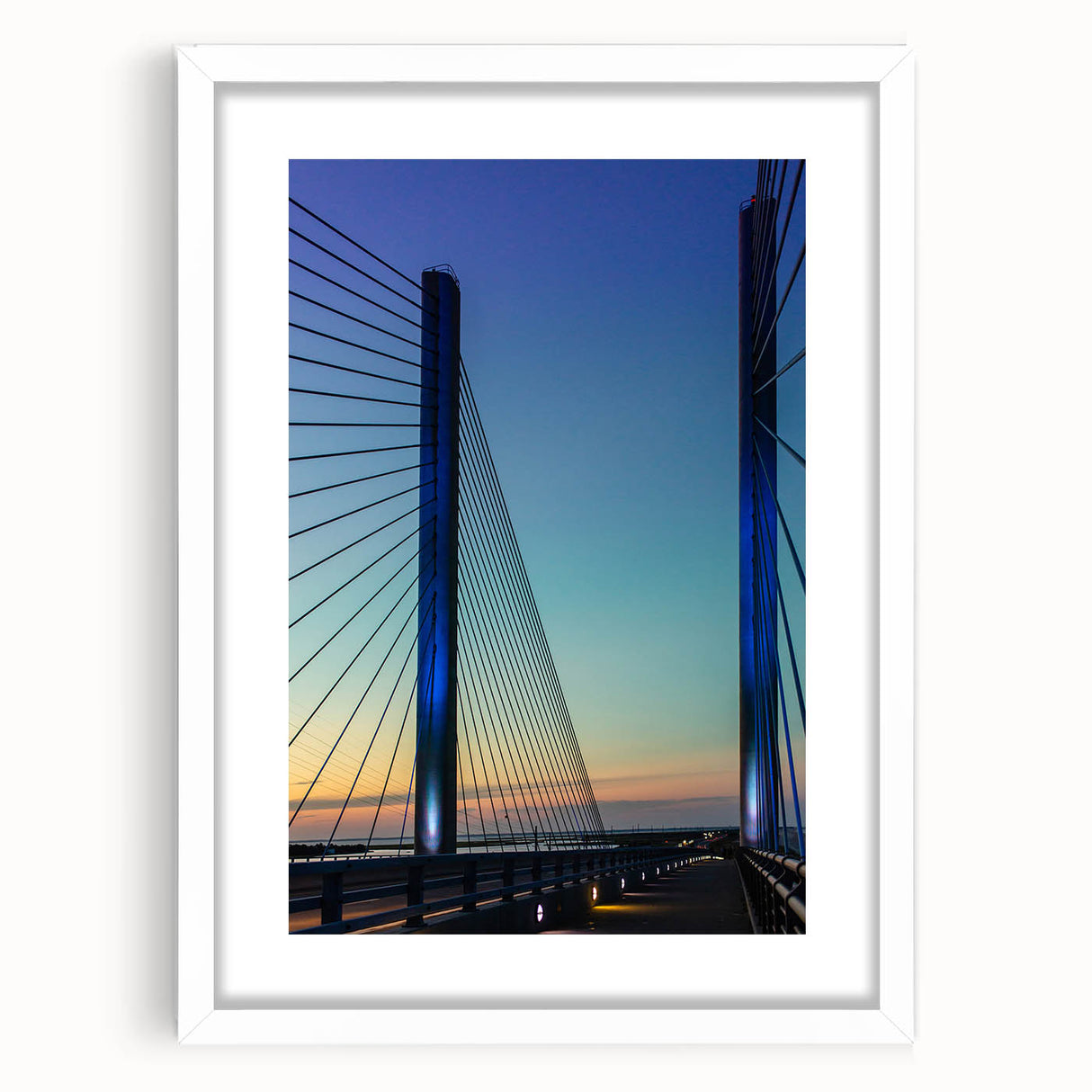 Abstract art print of Delaware scenery in muted green and blue tones, framed with a white mat, ideal for dining room decor.