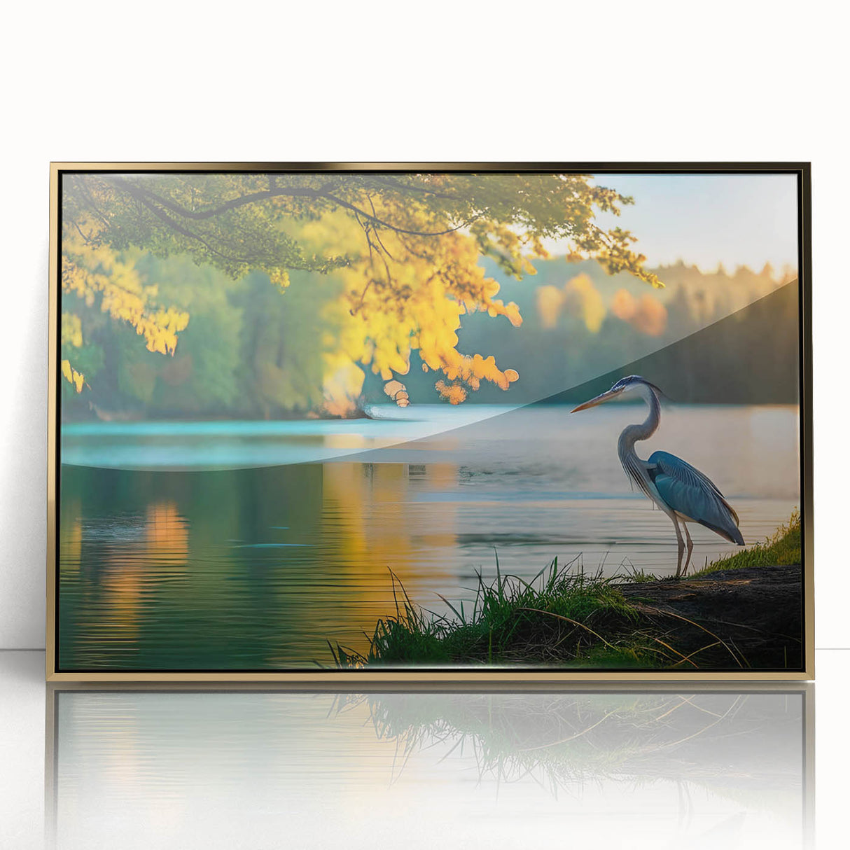 Framed acrylic print of the Everglades with lush greenery and water, in a mid-century modernist style.