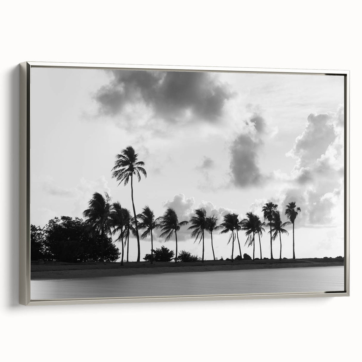 Framed canvas featuring a vintage-style Miami landscape with colorful art in silver frame.