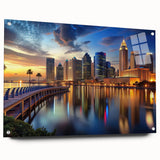Acrylic print of a large abstract depiction of Tampa, featuring vibrant blue and green tones, ideal for dining room decor.