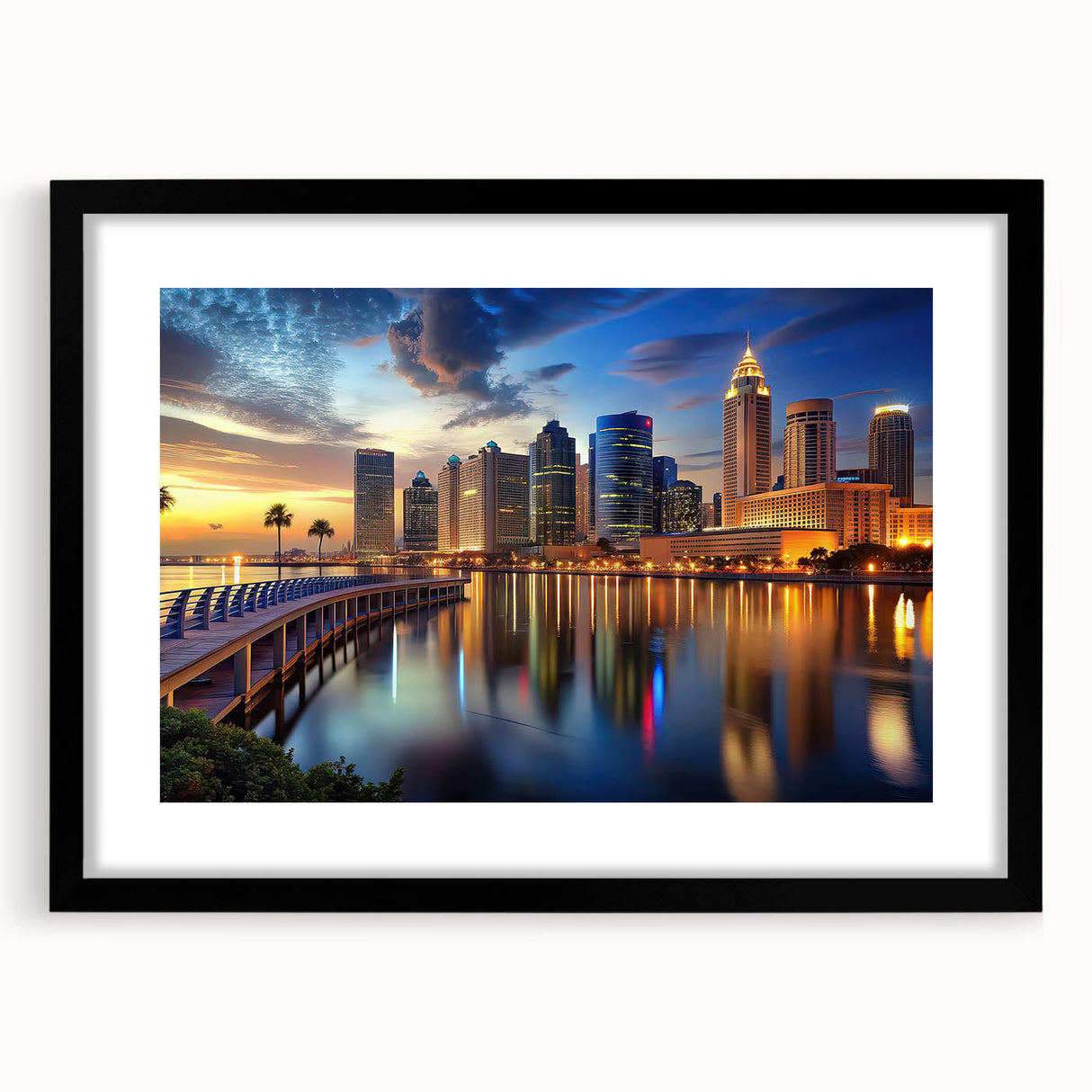 Abstract art print featuring a textured, colorful depiction of the Tampa skyline on a large framed canvas.