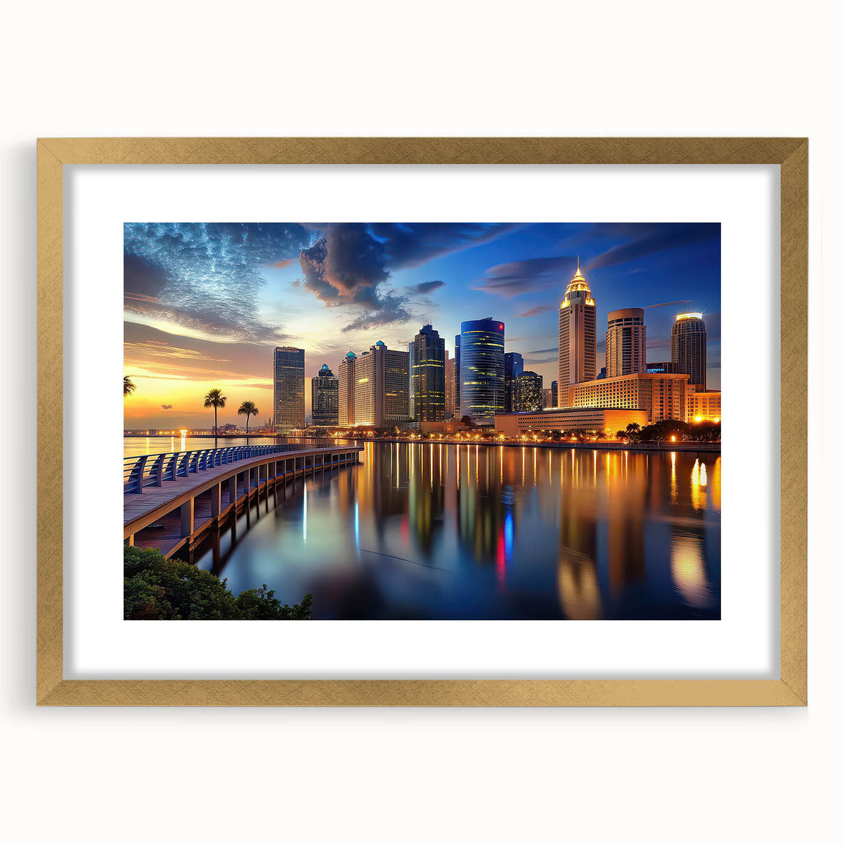 Extra large abstract art print of Tampa skyline in textured gold frame, ideal for living room decor.