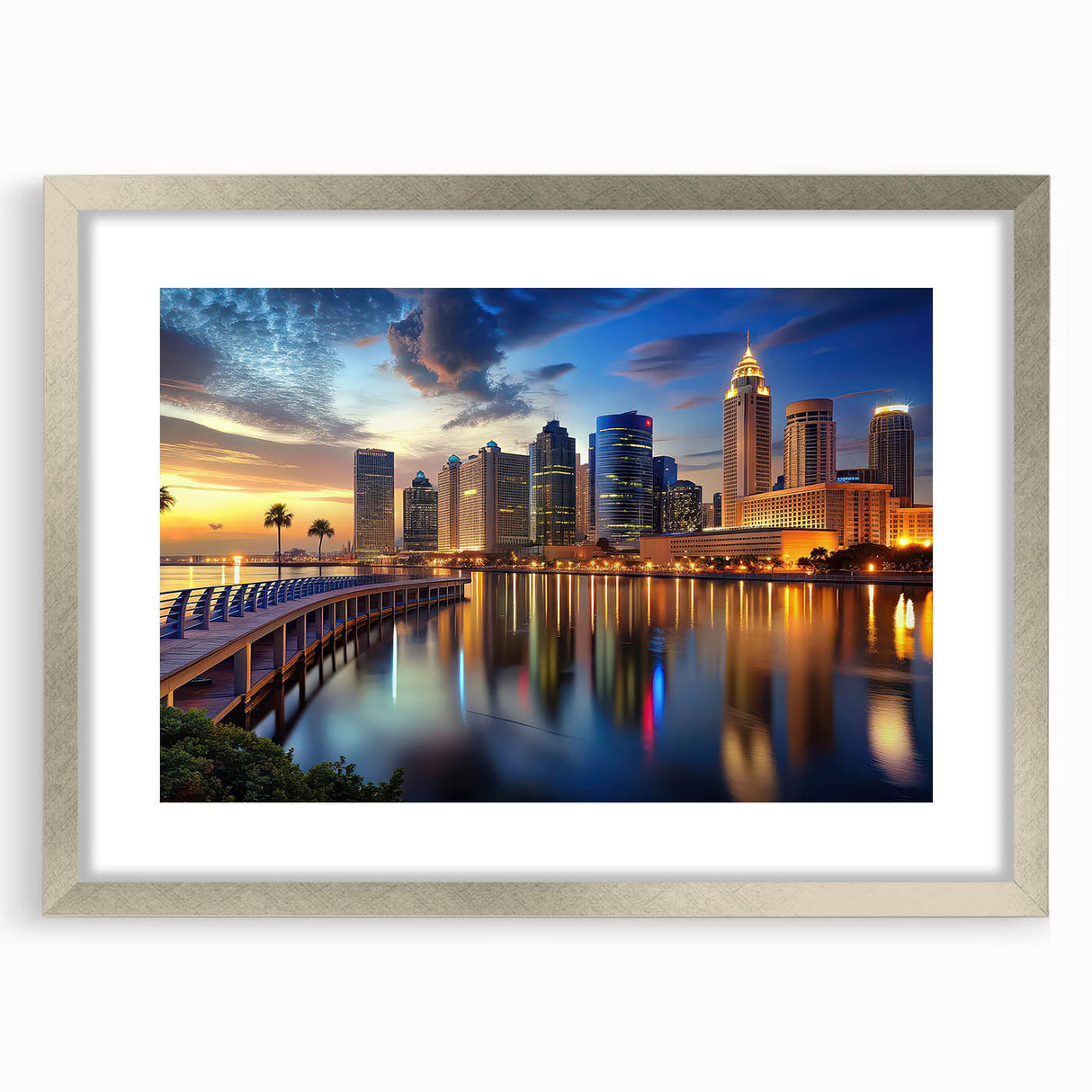 Textured art print of abstract Tampa skyline in muted gray and silver tones on a framed canvas, ideal for bedroom decor.