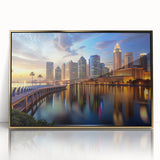 Framed acrylic print of Tampa skyline in gold and blue hues, ideal for modern art wall decor in a nursery.