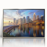 Mid-century modernist art of Tampa skyline in silver acrylic frame, ideal for modern art wall decor.
