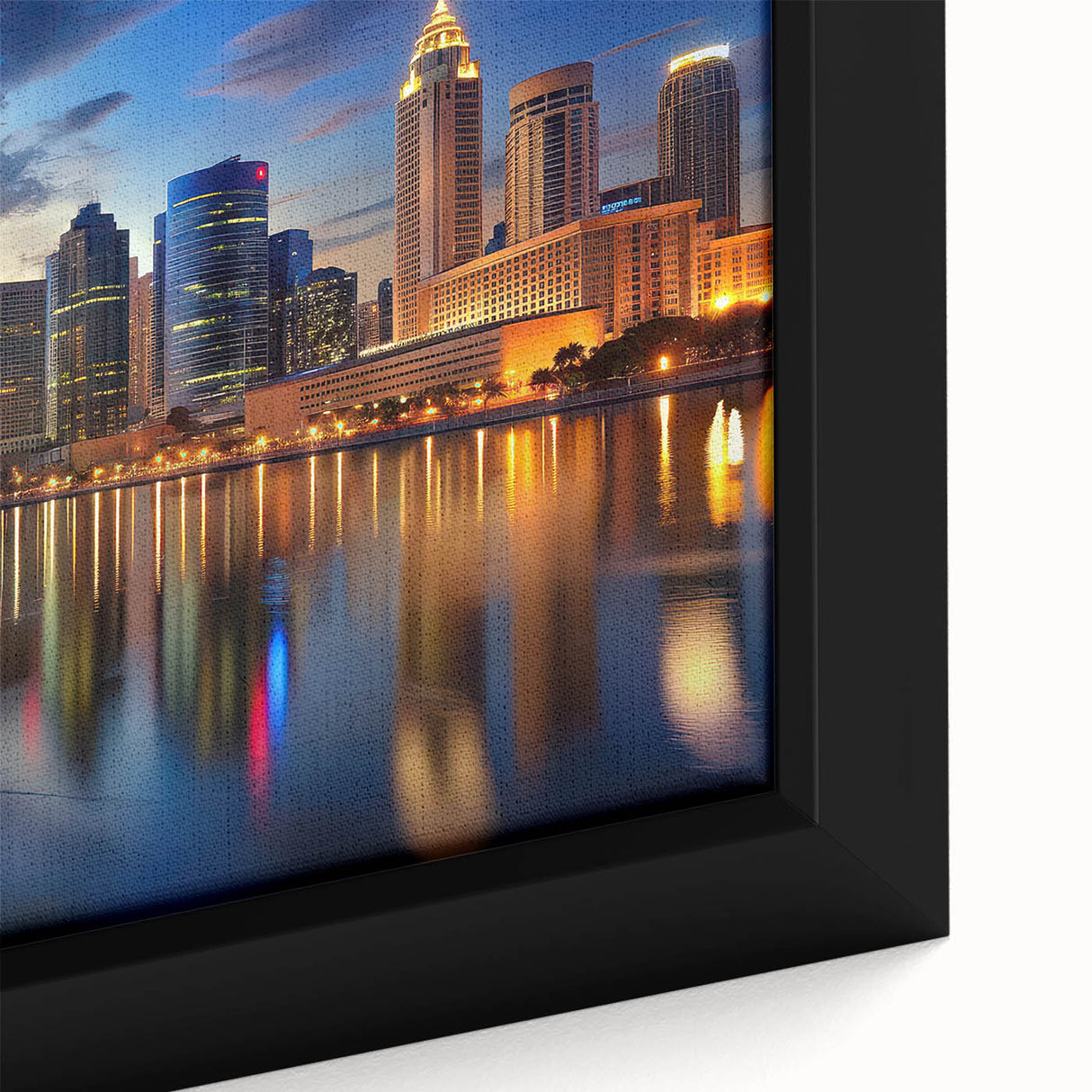 Extra large framed canvas featuring a textured depiction of Tampa, USA, with vibrant and colorful art on a black background.