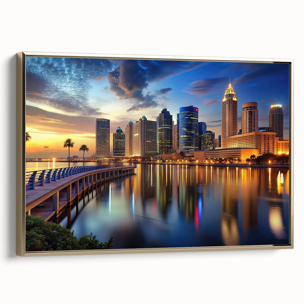 Framed canvas wall art featuring a vintage-style Tampa landscape in black and gold tones, ideal for bedroom decor.