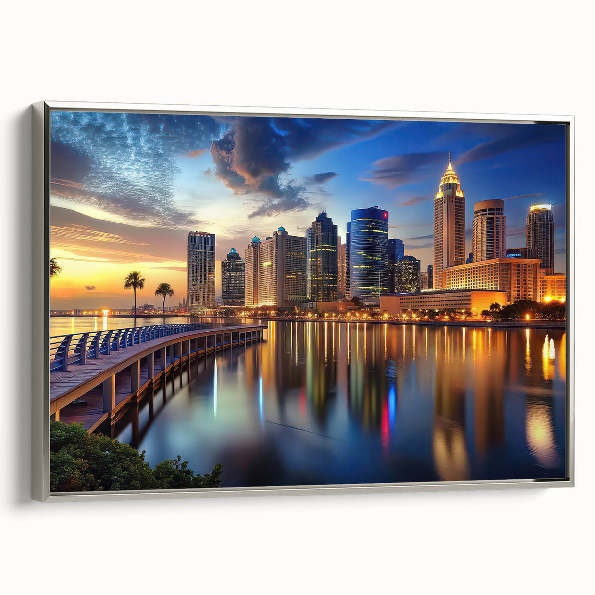 Framed canvas of Tampa landscape with colorful art in vintage poster style, ideal for living room decor.
