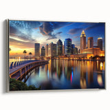 Framed canvas of Tampa landscape with colorful art in vintage poster style, ideal for living room decor.