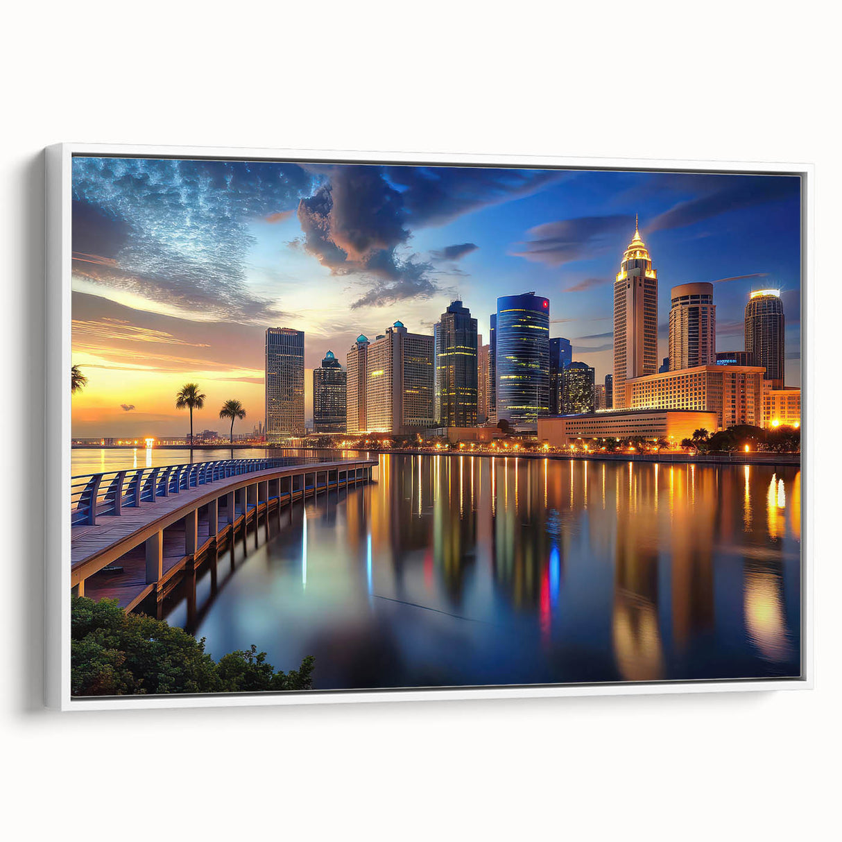 Vintage poster art of Tampa skyline in colorful hues on extra large framed canvas, ideal for living room decor.