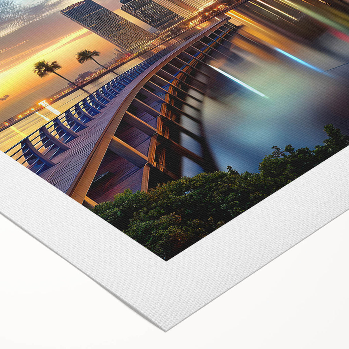 Art deco poster of Tampa skyline in muted gold and blue hues on rolled canvas, suitable for dining room wall art.