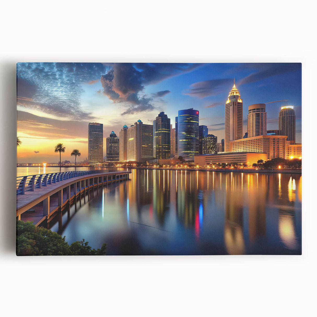 Black and white panoramic photo of Tampa skyline on large stretched canvas, suitable for kitchen art.