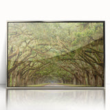 Mid-century modernist art of Savannah, Georgia, depicted in muted earth tones on a silver-framed acrylic print.
