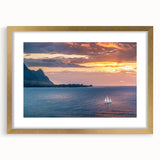 Extra large abstract art print of Kauai, Hawaii scenery in gold frame, featuring textured blues and greens.
