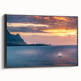 Black and white framed canvas of Kauai landscape, vintage poster style, ideal for bedroom wall art.