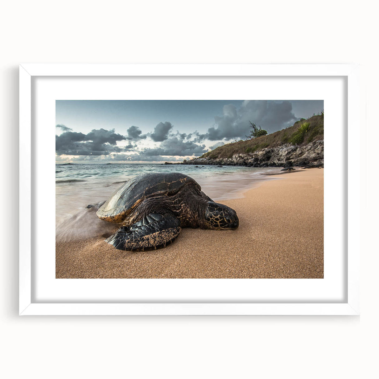 Abstract art print of a Maui landscape in muted green and blue tones on a white-framed mat.
