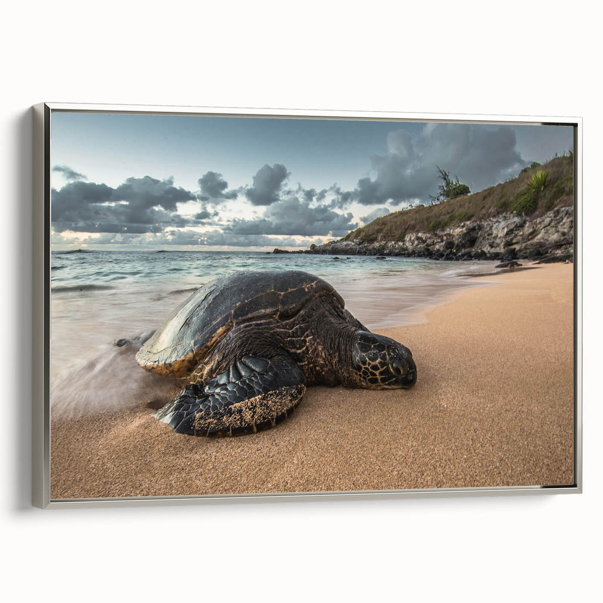 Framed canvas of a vintage-style landscape painting depicting Maui, Hawaii, with vibrant colors, ideal for living room decor.