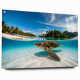 Acrylic glass print of Oahu, Hawaii scenery, featuring ocean and palm trees in cool blue tones.