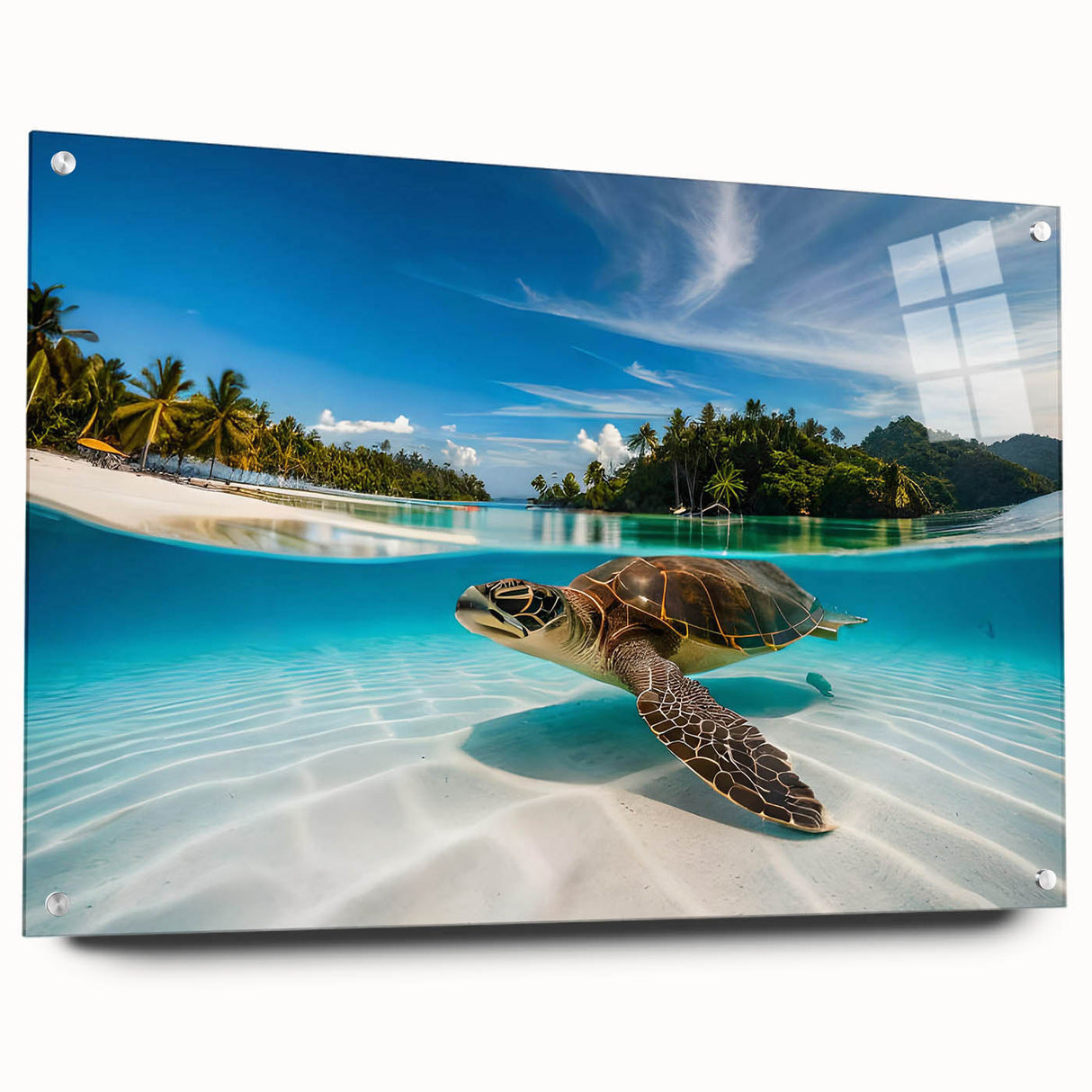 Acrylic glass print of Oahu, Hawaii scenery, featuring ocean and palm trees in cool blue tones.