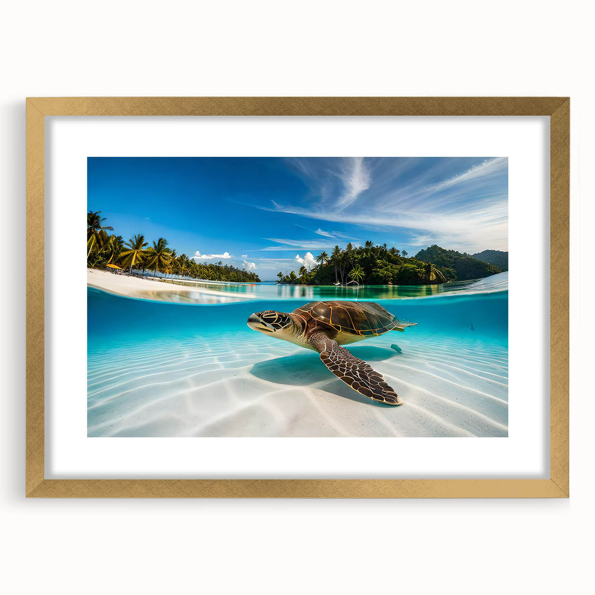 Extra large abstract art print of Oahu, Hawaii, featuring textured blue and green hues on a framed canvas.