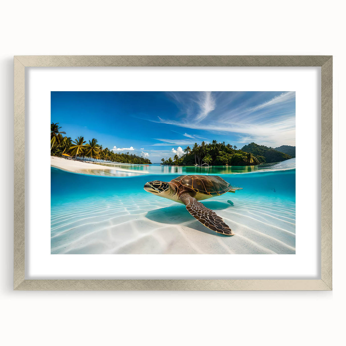 Textured art of Oahu, Hawaii in abstract style with silver framed mat, featuring blue and green tones.