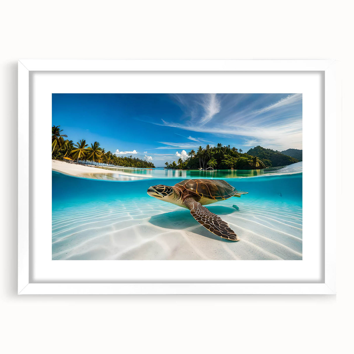 Abstract art print of Oahu, Hawaii, featuring vibrant blue and green tones on a framed white mat.