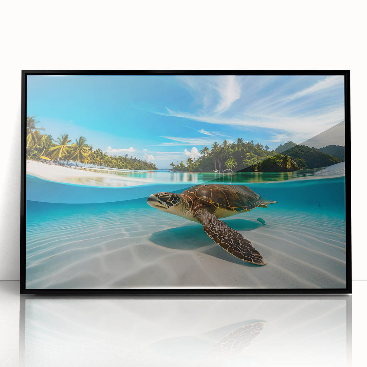 Large abstract wall art featuring a vibrant Hawaiian Oahu landscape on black framed acrylic, ideal for modern art wall decor.