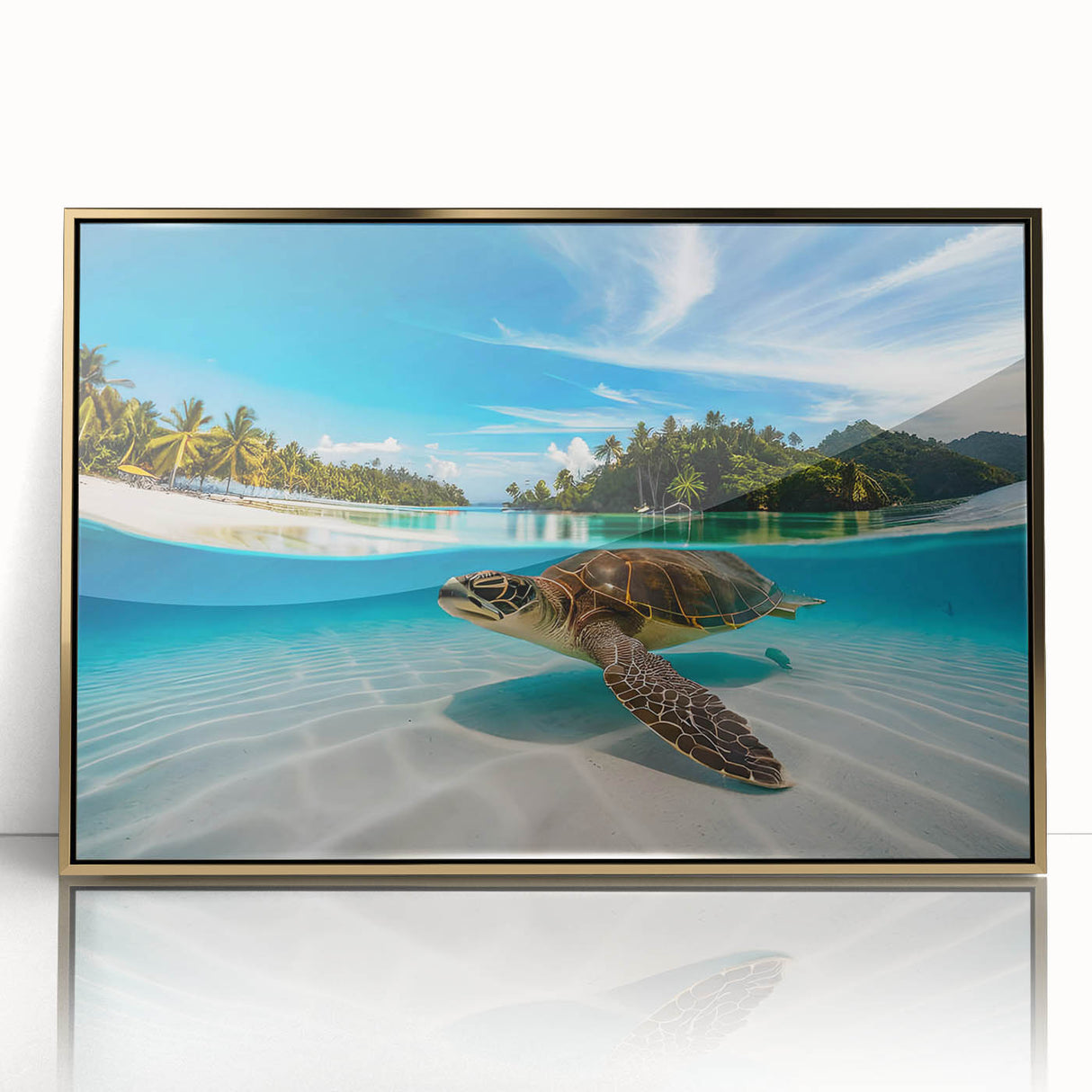 Framed acrylic print of Oahu, Hawaii with lush green landscapes and blue skies, ideal for modern art wall decor.